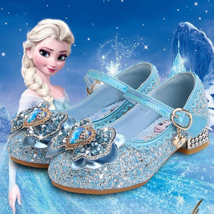 女童高跟鞋春秋爱莎冰雪奇缘公主，水晶软底单鞋，艾莎小孩皮鞋儿童鞋