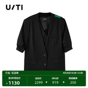 uti联名款黑色假两件中袖西装女 设计感休闲上衣尤缇2024春季