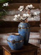复古蓝中式陶瓷花瓶，做旧陶罐客厅插花花，器摆件粗陶花瓶三件套