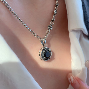 时尚微镶黑色锆石花纹项链，女复古气质s925银，十字军花锁骨链毛衣链
