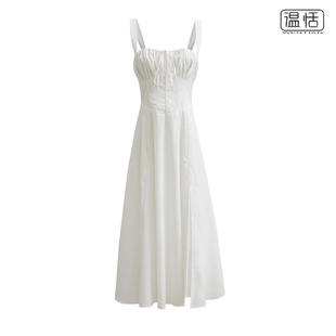 白色连衣裙女领口，抽绳系带低胸中长款收腰显瘦开叉吊带裙
