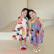 韩国女童裙子卡通可爱姐妹装连衣裙女宝海边度假夏装公主裙子