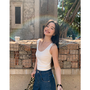 pusumede蝴蝶结背心女设计感蕾丝花边内搭修身短款针织吊带上衣