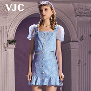 vjc威杰思2023春夏女装，蓝色方领蕾丝网纱，短袖修身短款上衣