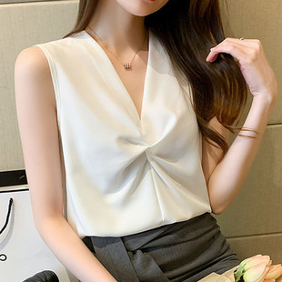 法式无袖雪纺衬衫女2024夏季韩版设计感V领气质打结衬衣ins潮