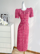 玫粉色复古小香风连衣裙，女夏季长裙高级感气质法式赫本风礼服裙子