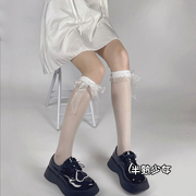 白色绑带透明小腿袜jk夏季蝴蝶结，半筒丝袜花边丝带黑色半截袜超薄