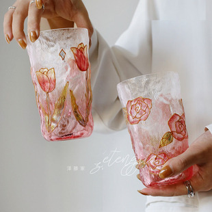 泽滕家手绘玫瑰花朵彩色玻璃喝水杯子好看的送闺蜜礼物女生高颜值