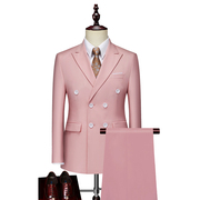 男士商务休闲套装双排，扣西服套装纯色，粉红色两件套男装外套西裤子