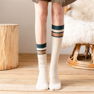 长袜子女小腿袜秋冬季羊毛保暖纯棉ins潮日系条纹学生高筒及膝袜