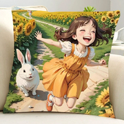 治愈系女孩抱枕十字绣满绣兔子向日葵风景客厅沙发靠枕自己绣印花