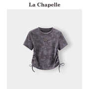 拉夏贝尔lachapelle抽绳收腰显瘦短袖t恤女夏扎染(夏扎染)短款圆领上衣