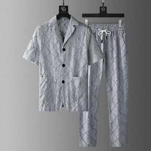沃布梵高端时尚棉麻短袖西装，套装男士夏季薄款宽松亚麻开衫两件套