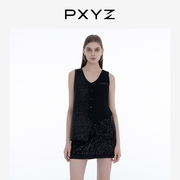 pxyz24ss早春个性不对称亮片，拼接黑色西装，马甲小众背心上衣