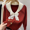 2023秋冬红色娃娃领蝴蝶结针织衫，女设计感小众毛衣外套小香风上衣