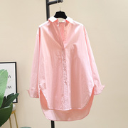 衬衫女长袖2024春装，韩版宽松设计感小众叠穿中长款粉色衬衣潮
