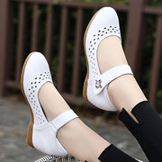 春夏季护士鞋白色真皮坡跟单鞋，内增高小白鞋，牛筋软底浅口镂空女鞋