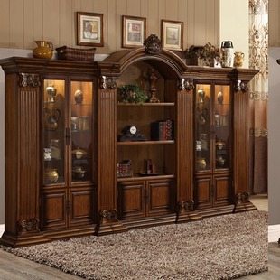 美式实木书柜组合靠墙储物柜，欧式带玻璃门书橱，客厅大容量复古书架