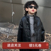 新中式男童童装皮衣，2024冬季外套加厚童撞色粉兔加绒复古帅气