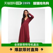 香港直邮潮奢 ASOS 女士设计收腰长袖中长茶色纽扣酒红色连衣裙