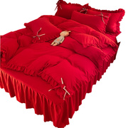 红色床裙四件套被套水洗棉床上床单夏季结婚网红少女心ins风