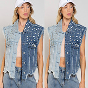 Denim vest studded beaded short coat牛仔马甲拼接钉珠短款外套