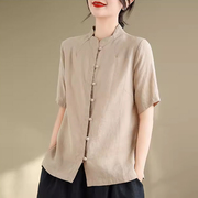 新中式复古禅意棉麻短袖衬衫女夏季简约设计感小众中国风亚麻上衣