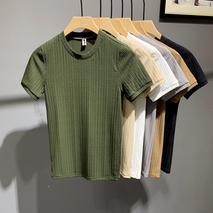 夏装韩版修身男士竖条纹纯色圆领，休闲短袖t恤青年紧身半袖打底衫