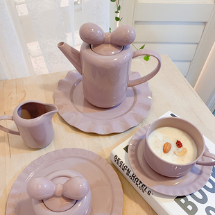 英式下午茶具法式陶瓷花茶壶可爱蝴蝶结茶壶茶具套装网红茶具送礼
