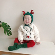韩版秋冬装男女宝宝雪人圣诞，卫衣红色过年服双面绒婴儿保暖上衣
