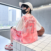 男童运动套装夏季2024女童篮球服中大儿童装速干粉色训练服潮