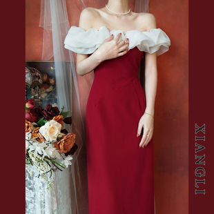 巷里法式复古红色连衣裙，女夏装赫本一字肩，拼接显瘦气质小礼服长裙