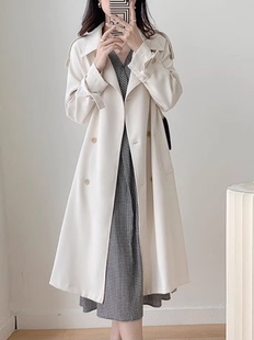 米白色英伦风衣外套，女2024春秋，中长款气质流行大衣韩系小个子