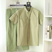 工装风短袖8分裤短裤套装，夏季男士薄款两件套衬衣，外套男宽松绿l01