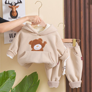 宝宝加绒加厚卫衣套装秋冬季男童洋气保暖两件套冬装婴儿小童衣服