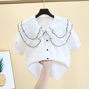 白色短袖衬衫女设计感小众夏季甜美气质娃娃领宽松法式上衣