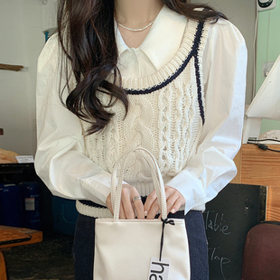 韩国chic法式气质翻领宽松纯色泡泡袖衬衫+吊带针织背心马甲套装