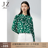 JZ玖姿几何印花雪纺衫女装2023春季立领褶皱单上衣绿色
