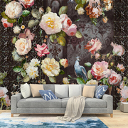 欧式复古手绘玫瑰花壁纸孔雀花卉壁画客厅电视背景墙纸无纺布墙布