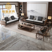 新中式实木皮布艺沙发组合现代简约禅意客厅售楼部洽谈家具定制