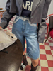 韩国chic夏季小众设计蕾丝花边，拼接牛仔裤女高腰显瘦五分裤短裤子
