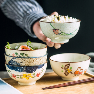 手绘陶瓷米饭碗汤碗日式和风，餐具简约复古吃饭碗家用单个小碗面碗