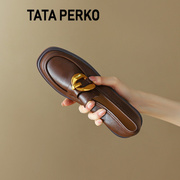 tataperko联名复古圆头低跟单鞋，女粗跟一脚蹬乐福鞋女英伦风