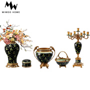 米屋家居家饰软装搭配套装，欧式古典手绘花卉，陶瓷镶铜花瓶果盘摆件