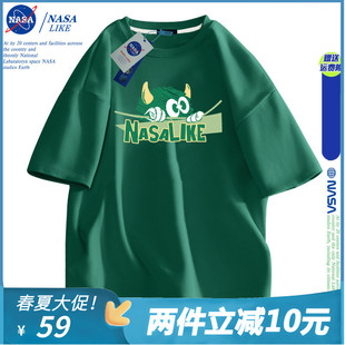 NASA联名~绿色t夏季短袖女纯棉重磅体恤学生半袖卡通圆领小众上衣