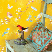 美式墙纸田园花鸟小清新碎花，壁纸蓝色黄色，简约现代客厅背景墙卧室