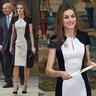 高端定制西班牙王妃同款黑白藏蓝拼色短袖连衣裙女修身A摆显瘦OL
