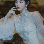 越南小众网纱泡泡袖重工钉珠连衣裙高级感气质名媛轻奢生日小礼服