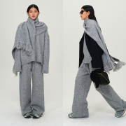 echoade羊毛灰色针织，v领毛衣套装，女秋阔腿高级慵懒围巾三件套