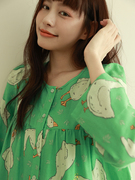 实物chao美的绿色大鹅纯棉纱布，长裙圆领卡通长袖连衣裙春季睡裙